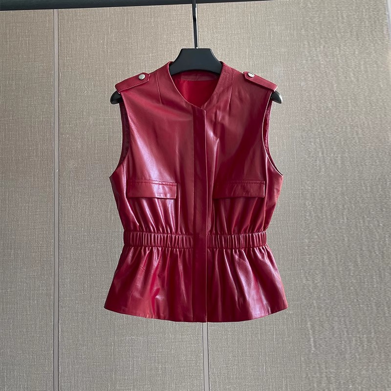 Women'S Fashion Leather Jacket - Dames Slim Waist Rood Echt Lederen