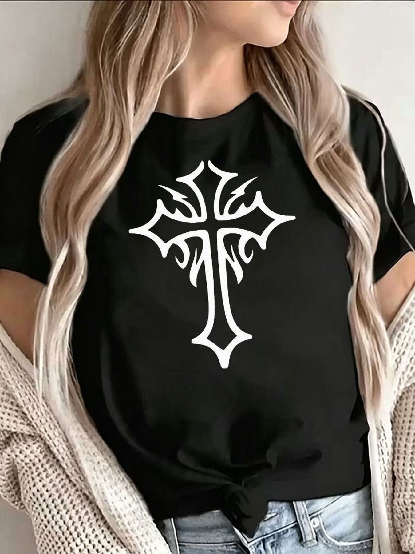 Women'S Y2K Fashion Aesthetic - Gothic Cross Grafische T-shirt Damesmode Streetwear