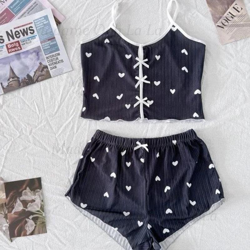V Neck Cami Top - Sexy pyjamaset met hartjesprint voor dames,