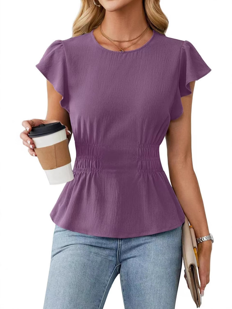 Women'S Fashion Tops - Damesblouse met korte mouwen, ronde hals,