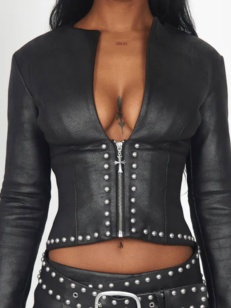 Mode Rivet Decor PU Lederen Ja - Women'S Fashion Leather Jacket recensie en prijs